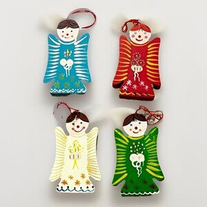 FOUR Painted Wood Angels 2.75"  Christmas Ornaments Folk Art Vintage